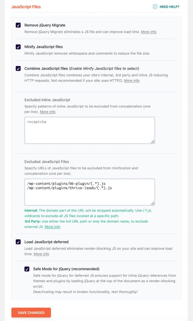 Screenshot of wp-rocket defer javascript settings