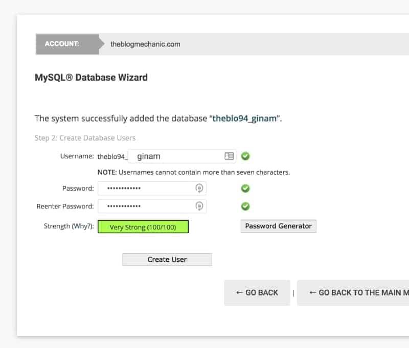 SiteGround screenshot. Create database.