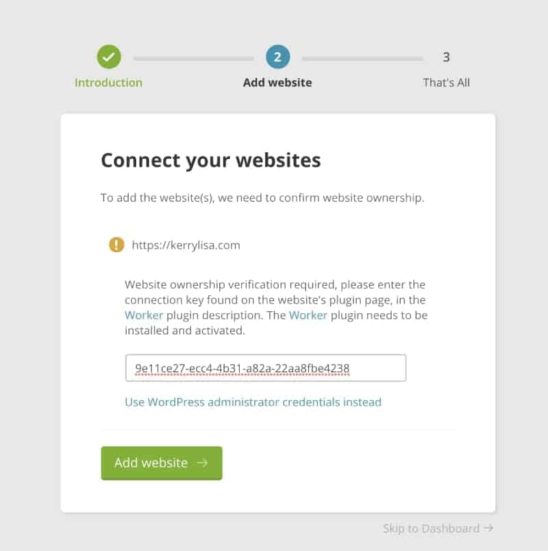 Enter connection key into ManageWP