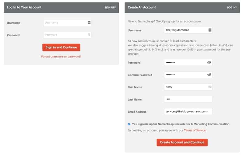 create namecheap account