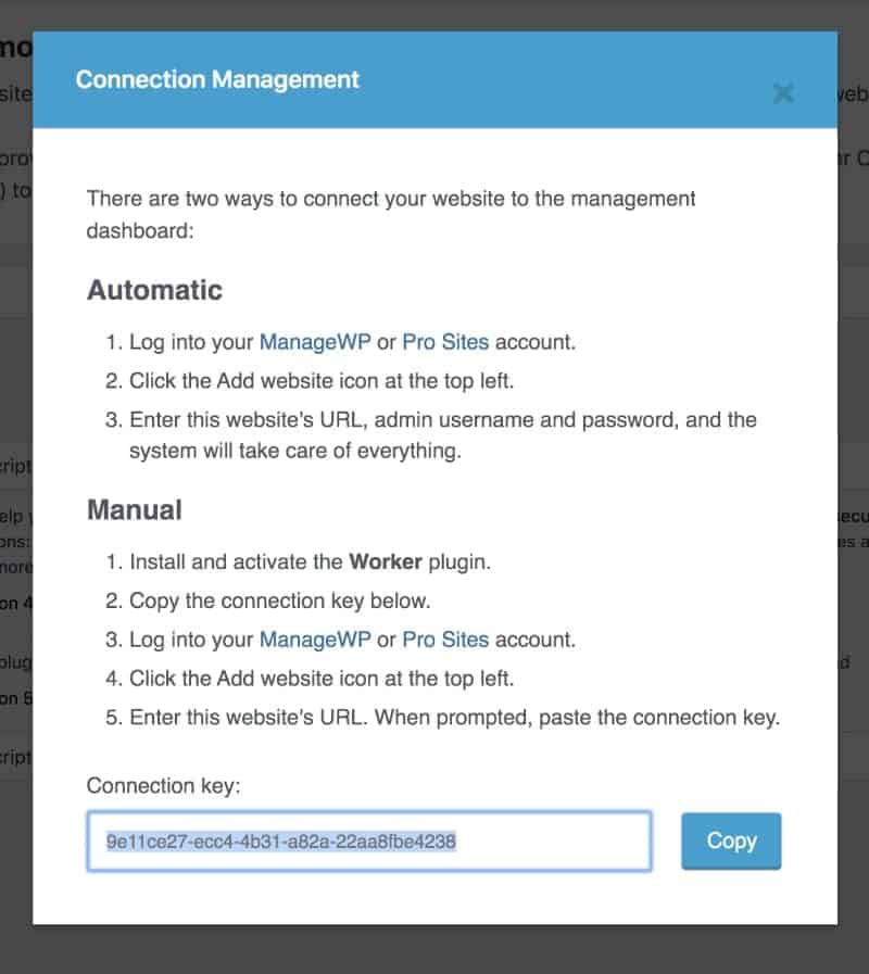 Copy Connection Key ManageWP
