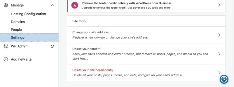 how to delete a wordpress site screenshot