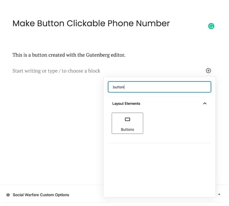 Screenshot of Gutenberg button block