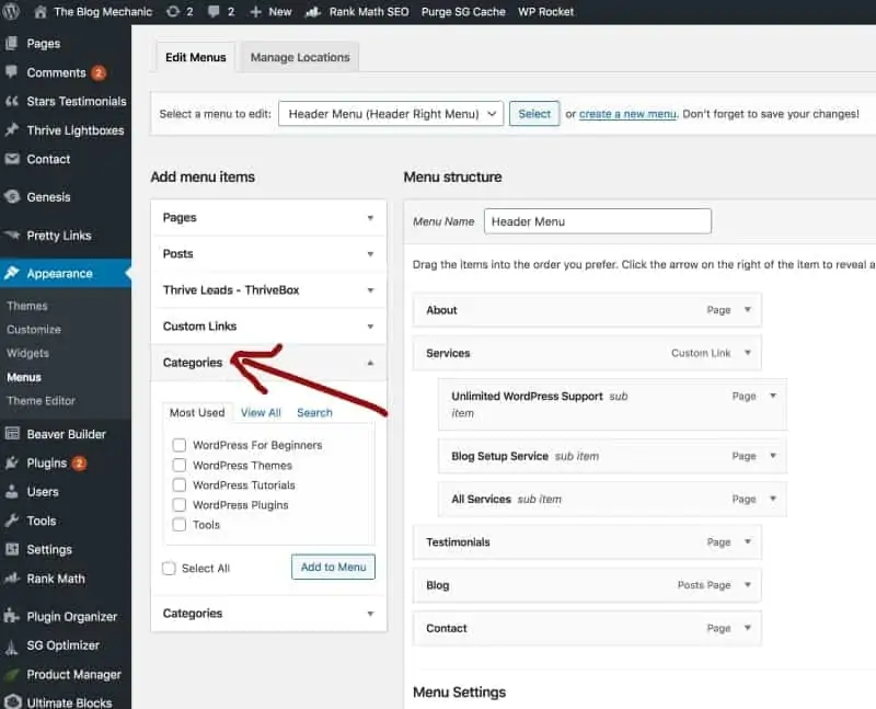 Screeshot of how to add posts to pages in WordPress using category templates