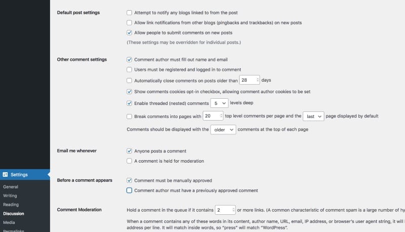 WordPress discussion settings