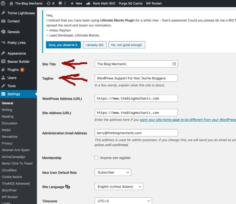 WordPress general settings. Add new site title and tagline