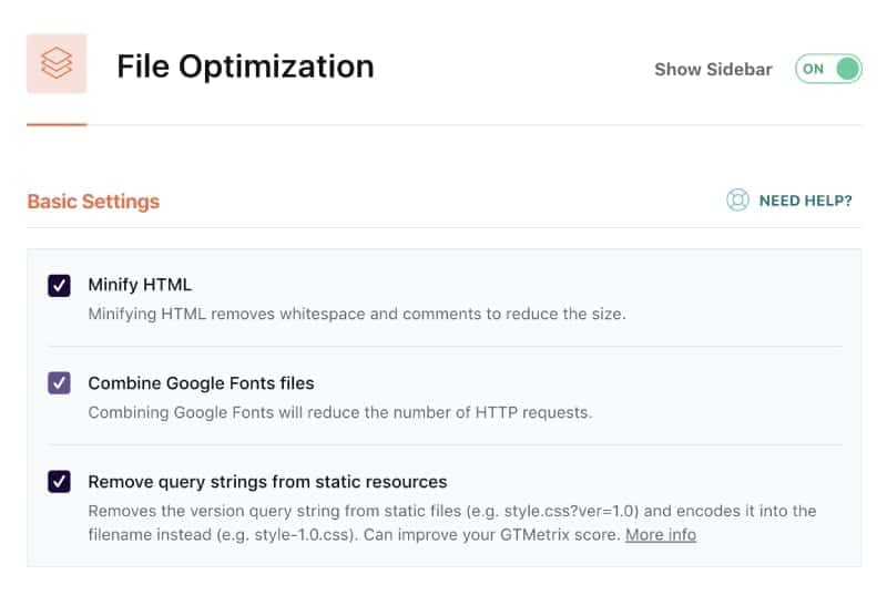 Screenshot of wp-rocket html minification settings