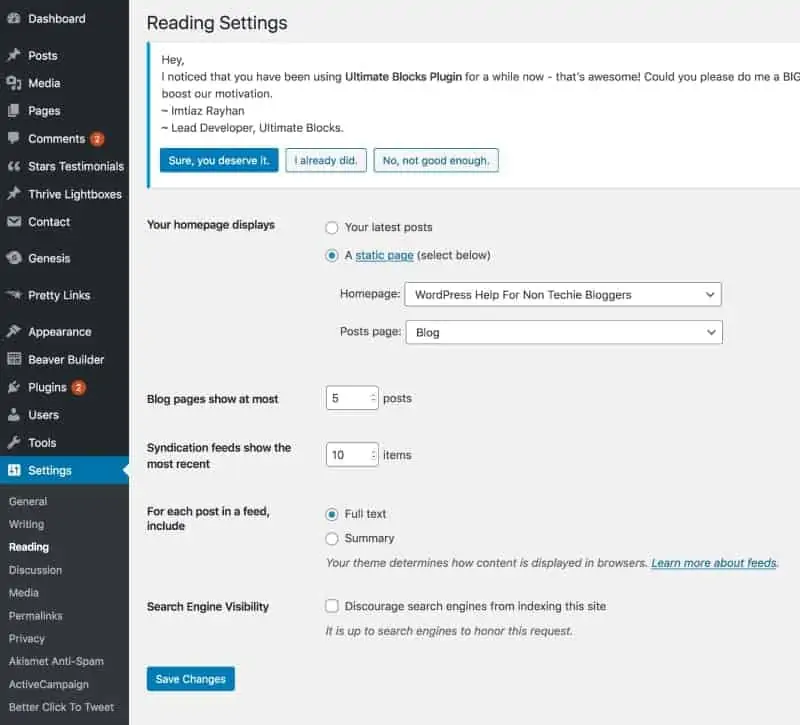 Add blog page to WordPress reading settings