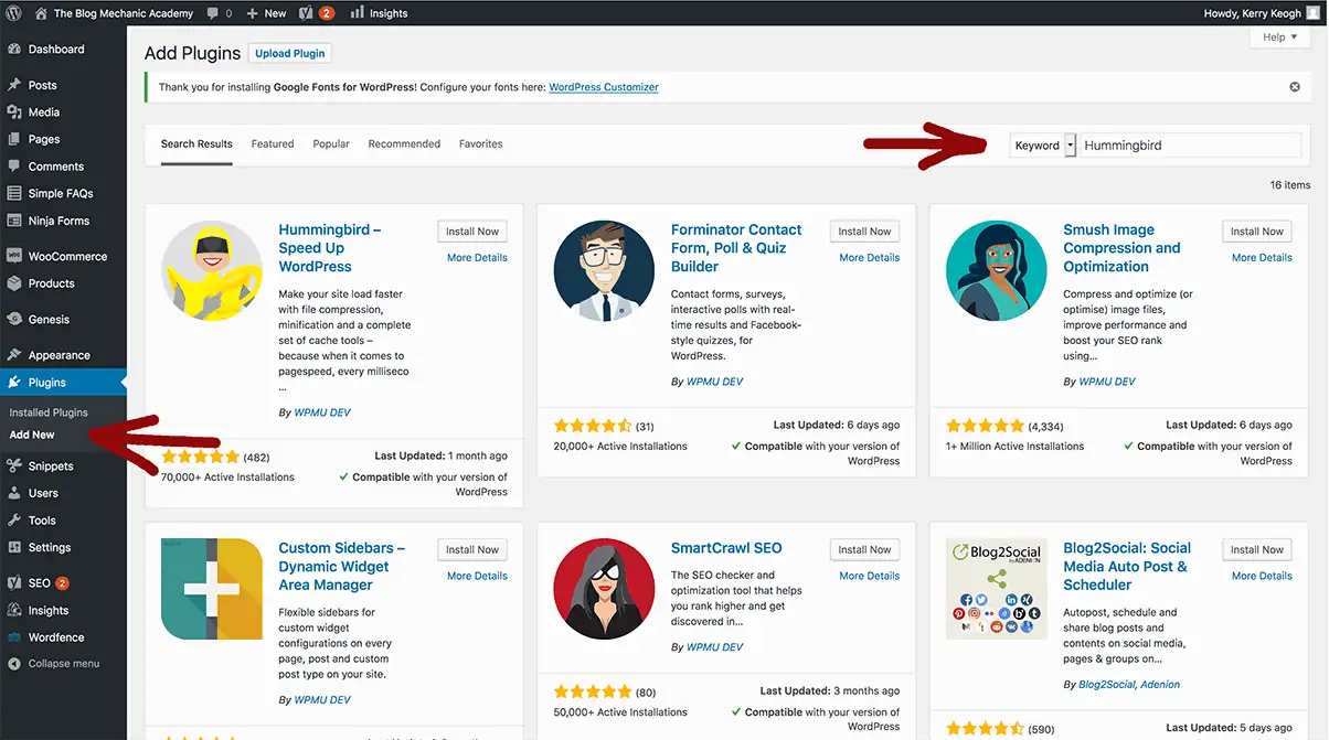 screenshot of using search to install WordPress plugins