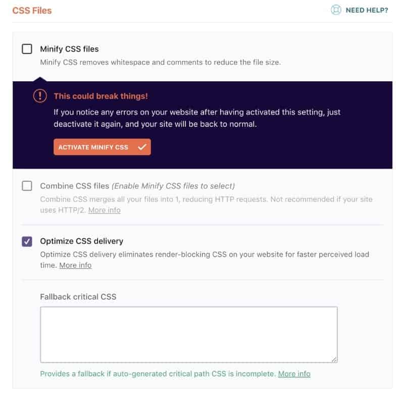 Screenshot of minify and combine CSS files settings