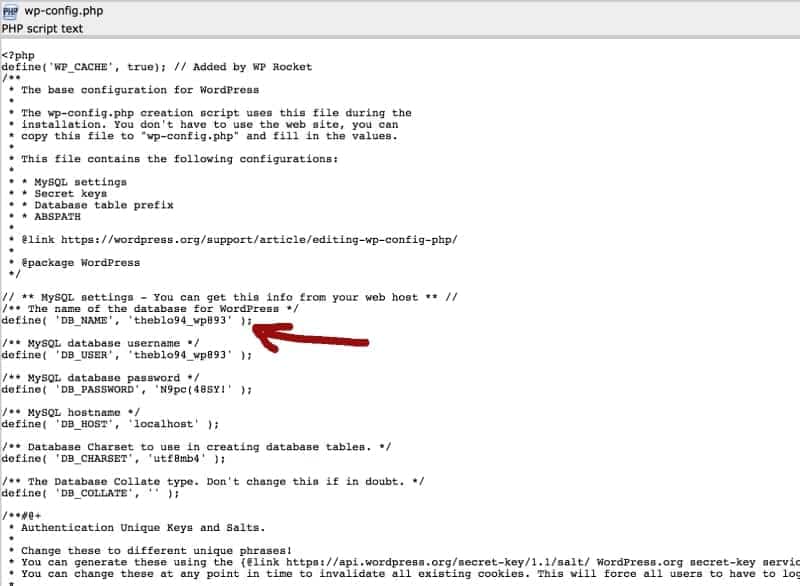 Screenshot of wp-config-php file