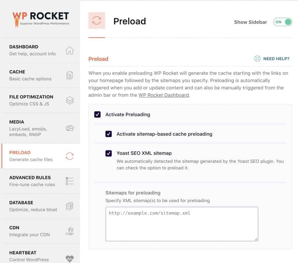 Screebshot of WP Rockets preload cache settings