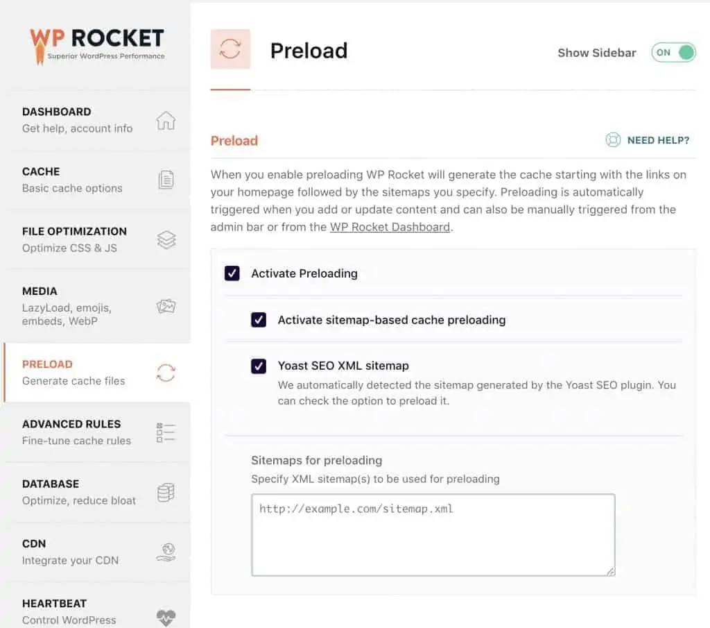 Screebshot of WP Rockets preload cache settings
