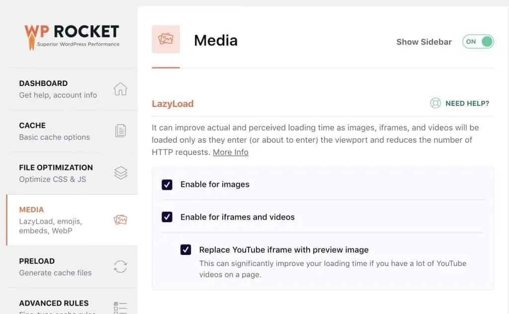 screenshot of wp-rocket lazyload settings