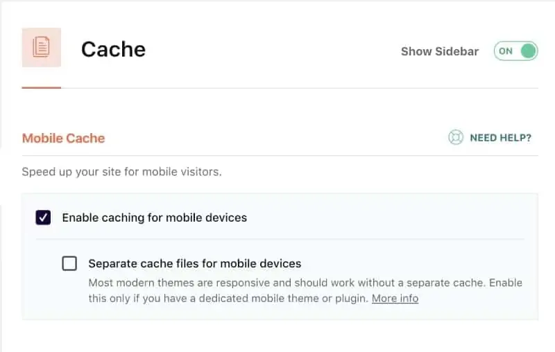 Screenshot of wp-rocket enable caching for separate files on mobile