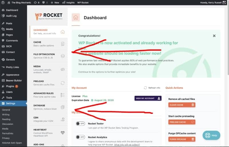 screenshot of wp-rocket dashboard