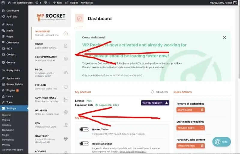 screenshot of wp-rocket dashboard