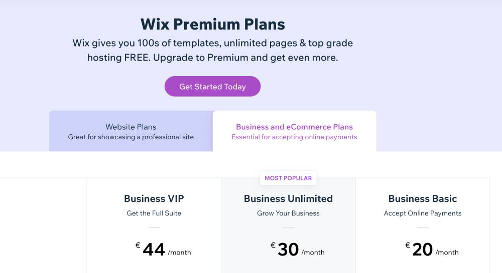 wix business and ecommerce pricing plans